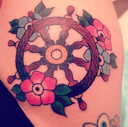 tattoos/ - Spoked Wheel and flowers. - 70728